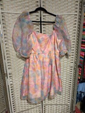 Shien Curve Rainbow Babydoll Selkie Knockoff Mini Dress with Puff Sleeves